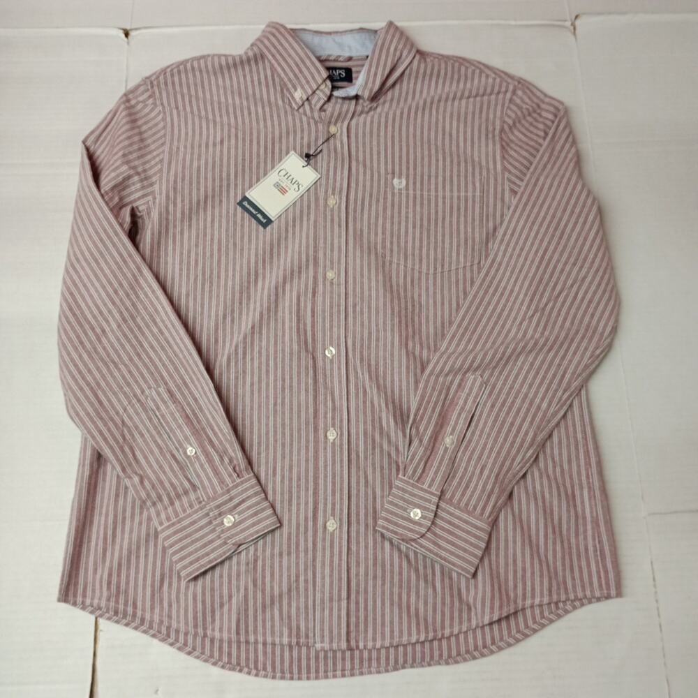 Chaps Seacoast Wash‎ Oxford Woven Shirt Men's XL Oxford Pomegranate Striped